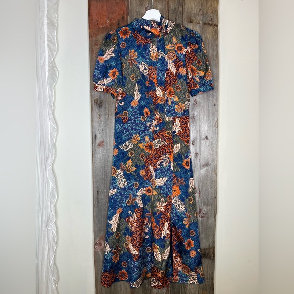 Julia Jordan Navy Fall Floral Puff Sleeve Midi Dress Tie Neck size 2 - Picture 3 of 14